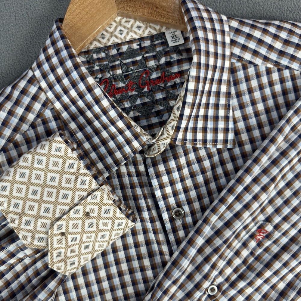 Robert Graham Shirt Mens‎ XL Blue Brown Gingham Colorful Rave Flip Cuff Luxury